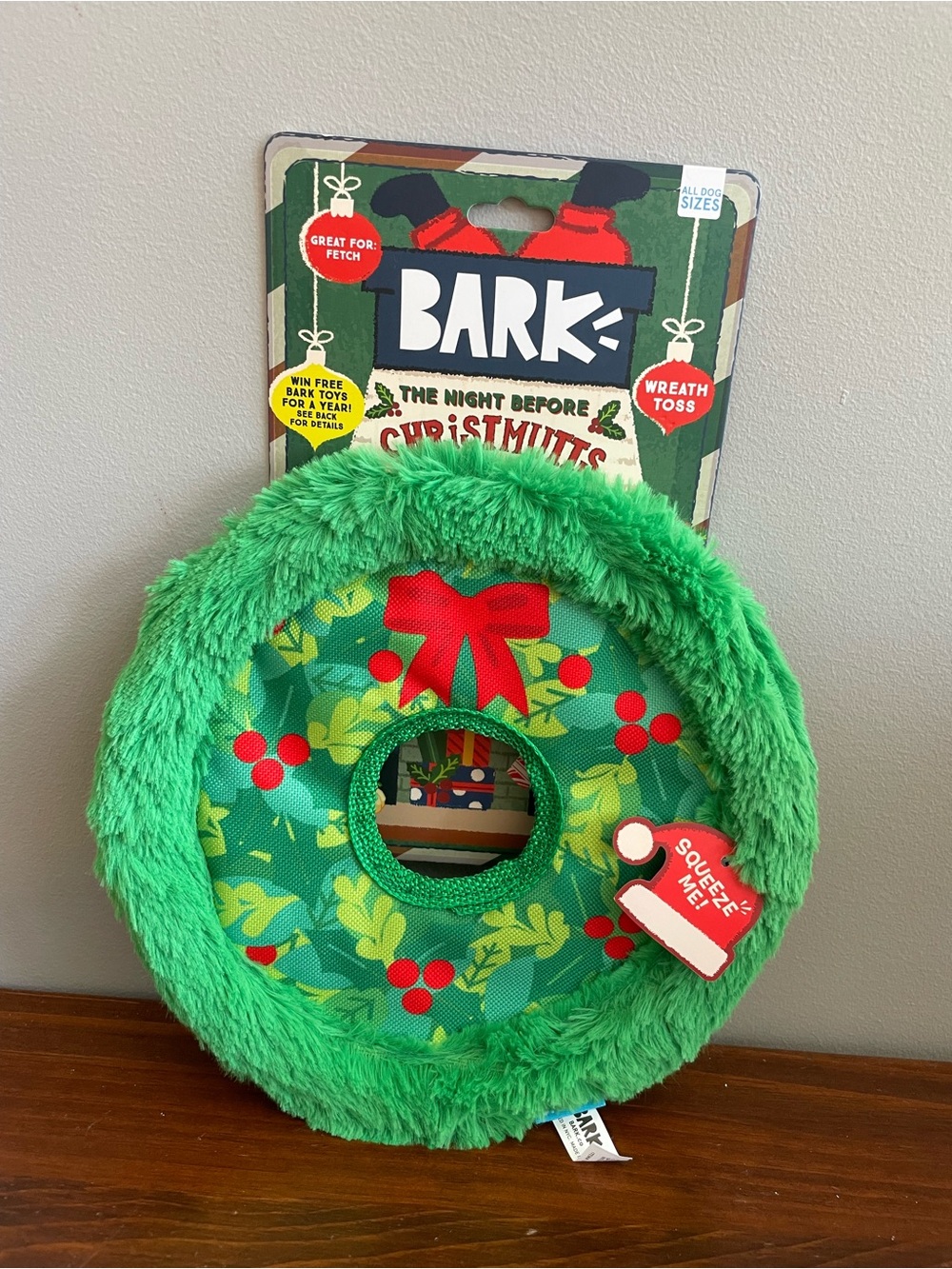 New Bark Green Holiday Plush Wreath Dog Toy with Red Accents
